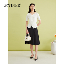 YINER音儿专选女装夏季法式优雅短袖镂空V领毛针织衫松弛感上衣