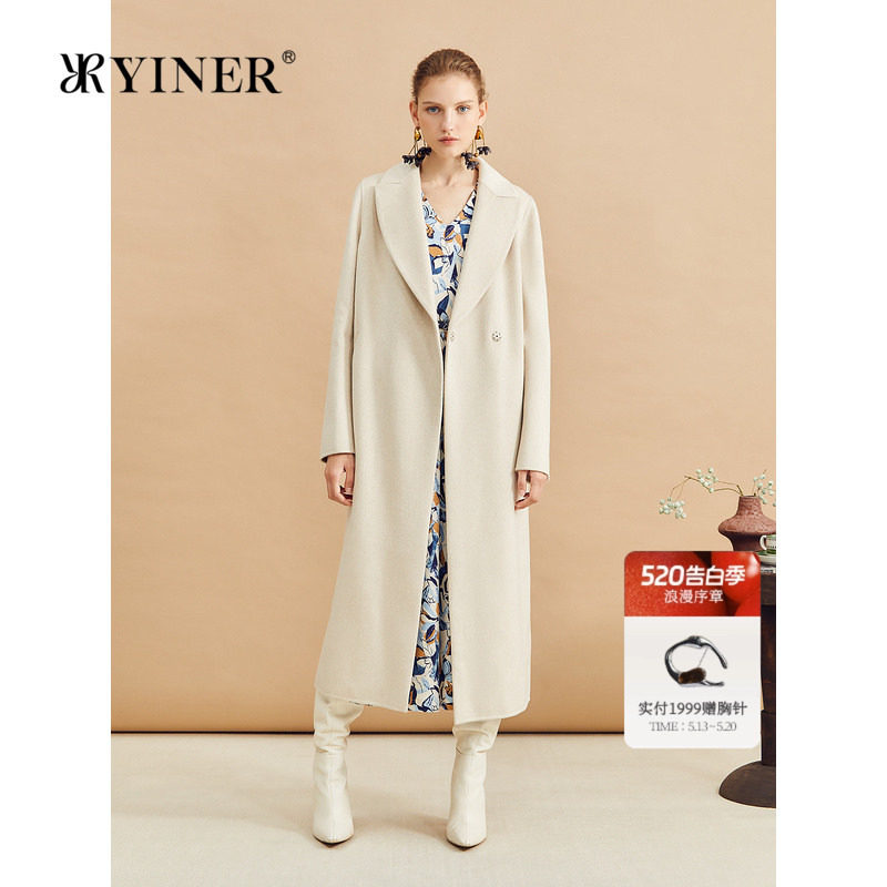 【绵羊毛+羊绒】YINER音儿冬季长款西装领双面呢大衣外套