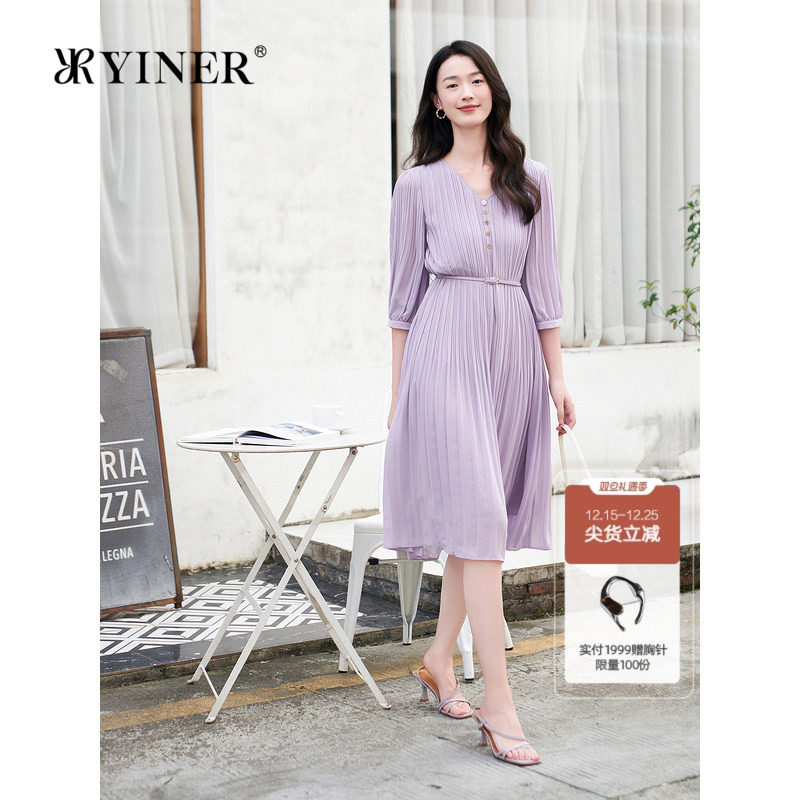 YINER音儿专选女装法式优雅七分袖夏日V领收腰百褶雪纺连衣裙