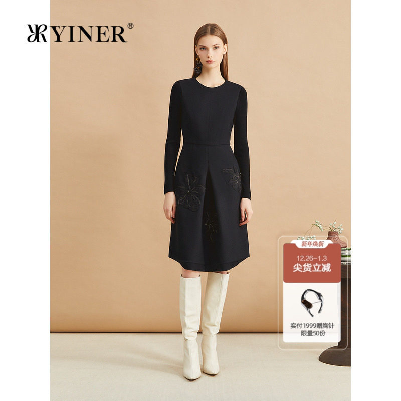 【木兰花系列】YINER音儿冬美丽诺羊毛绣花小黑裙连衣裙