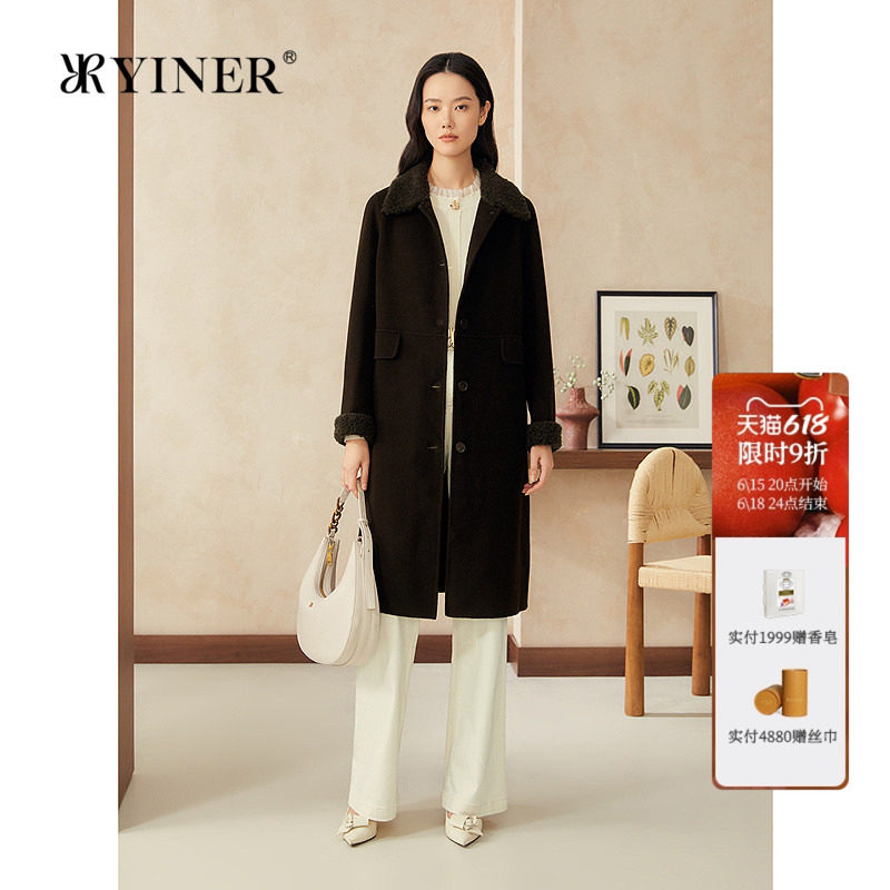 YINER音儿专选女装春季中长款颗粒绒翻领纯羊毛呢大衣外套
