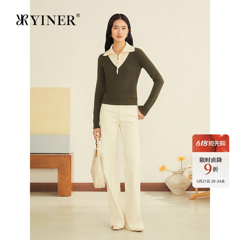YINER音儿女装冬季撞色翻领假两件阿拉善羊绒羊毛混纺针织衫