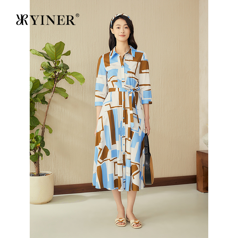 YINER音儿2025夏季新款法式撞色几何印花收腰气质衬衫连衣裙