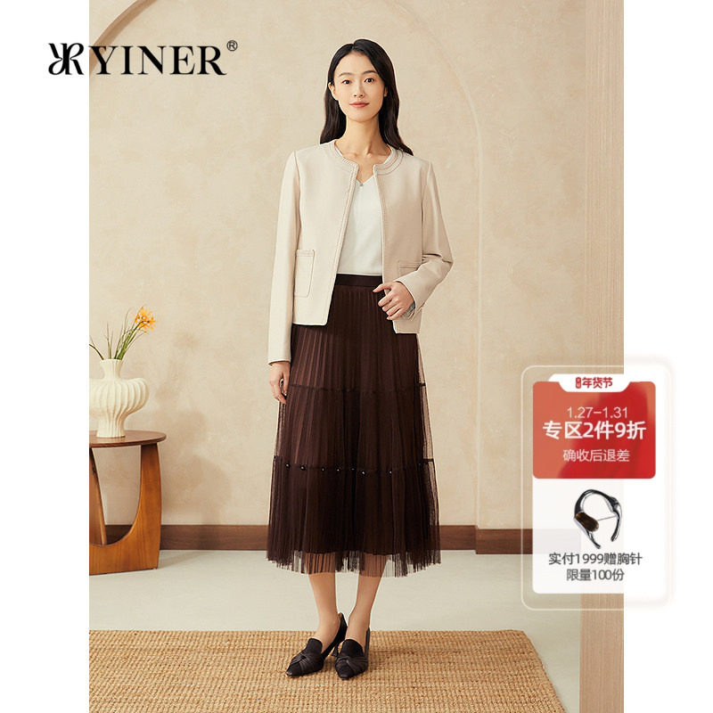 YINER音儿专选2025春季新款新中式短款圆领绵羊真皮皮衣夹克