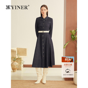 饰扣连衣裙 羊毛混纺仿牛仔肌理翻领金属装 YINER音儿2025冬季 新款