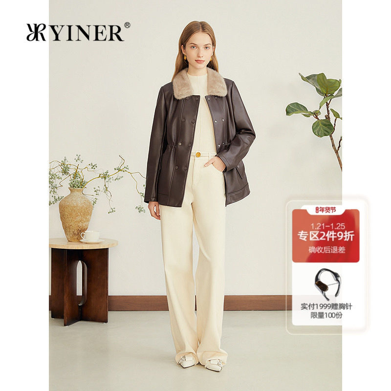 YINER音儿专选2025秋季新款复古巴恩风撞色水貂毛领绵羊真皮