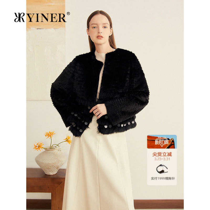 YINER音儿专选2025秋季新款优雅水貂毛拼接狐狸毛流苏短皮草