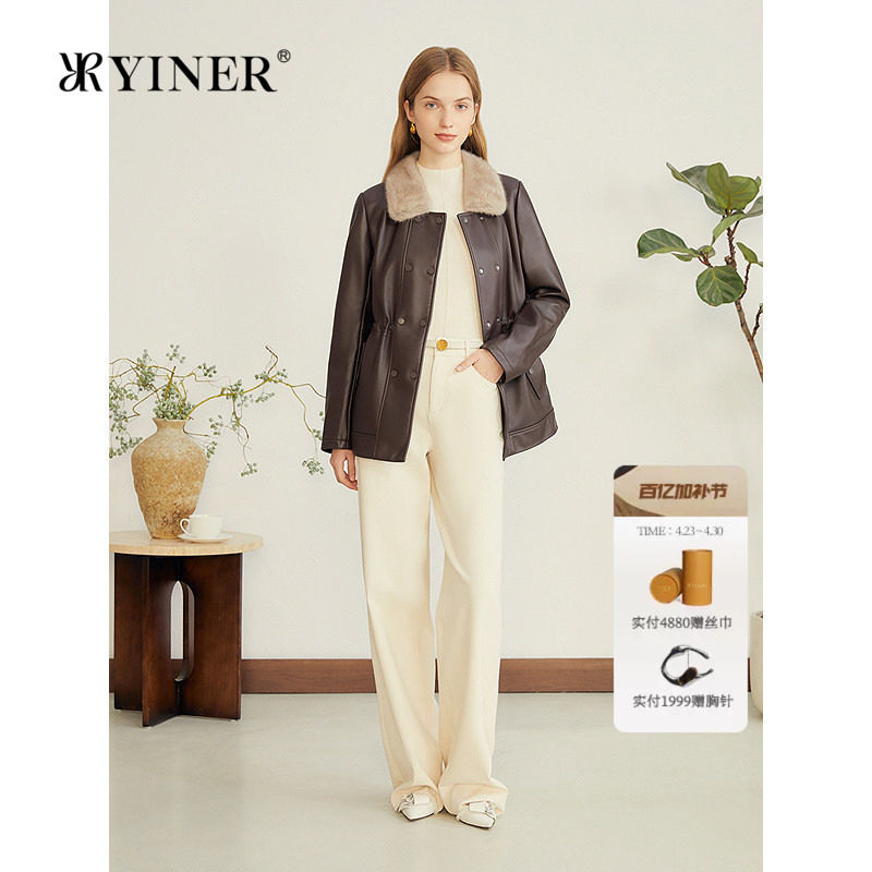 YINER音儿专选女装秋季复古巴恩风撞色水貂毛领绵羊真皮皮衣