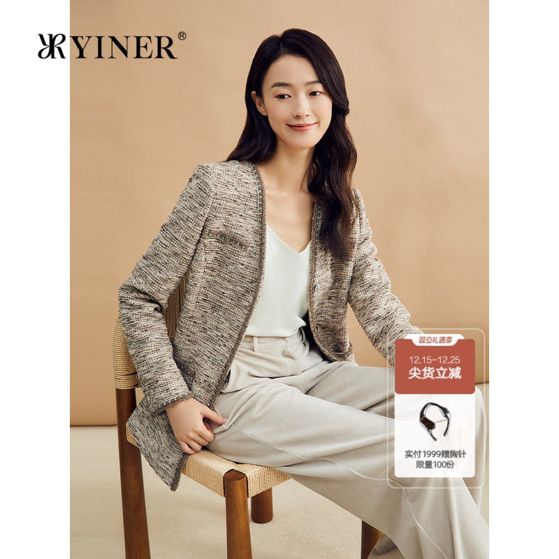 YINER音儿秋季法式一手长V领粗花呢优雅小香风休闲短外套