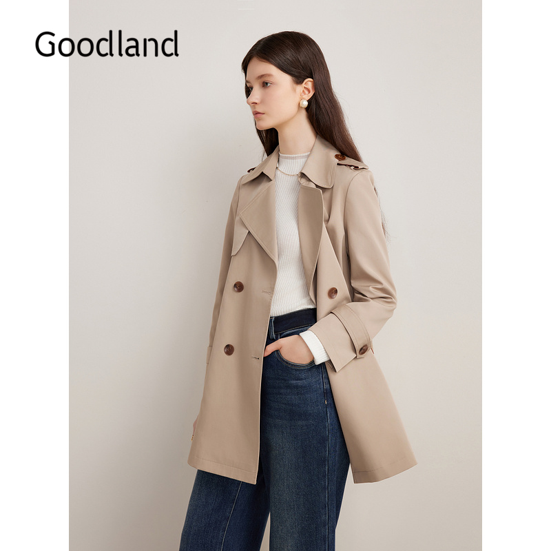 Goodland美地女装秋季法式气质中长款西装领双排扣风衣外套