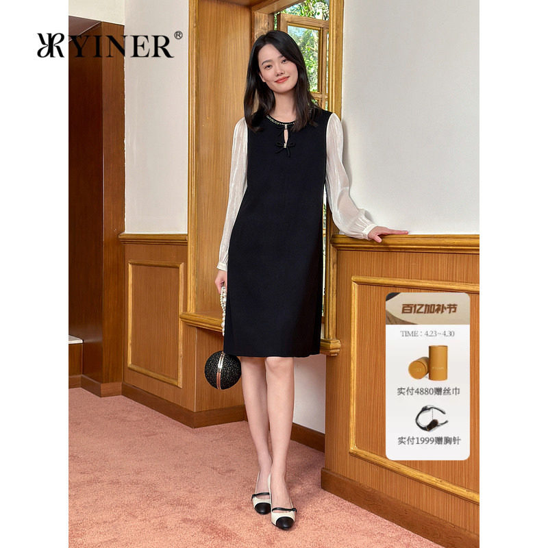 YINER音儿专选女装春季法式水滴领水光琉璃袖A字针织连衣裙