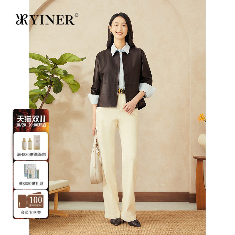 YINER音儿专选女装时尚通勤美拉德微茧型小羊皮真皮皮衣夹克外套