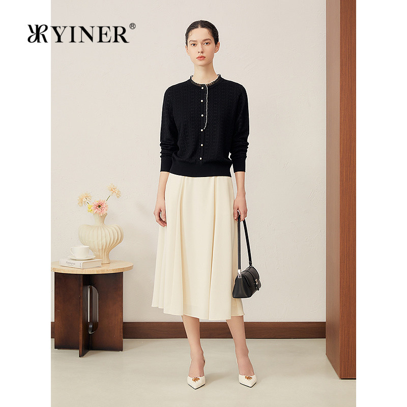 YINER音儿专选2025秋季新款新中式木百合花提花木耳边拼接针