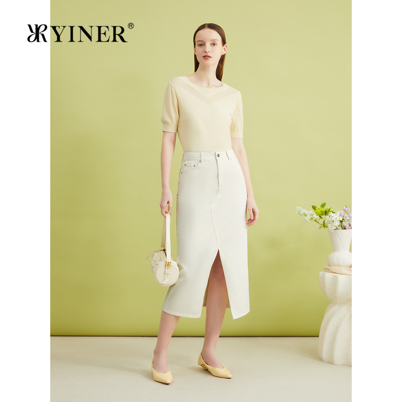 YINER音儿女装夏季桑蚕丝毛针织衫法式优雅泡泡袖轻上衣