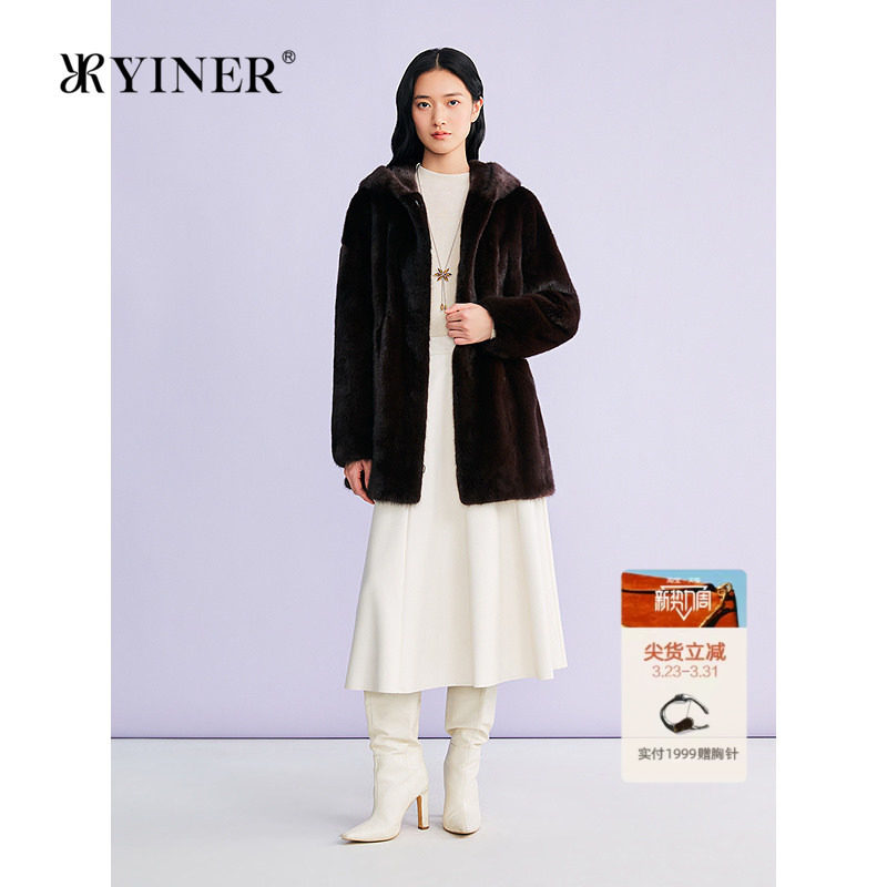 YINER音儿专选2026春季新款法式奢感一手长连帽水貂毛皮草外