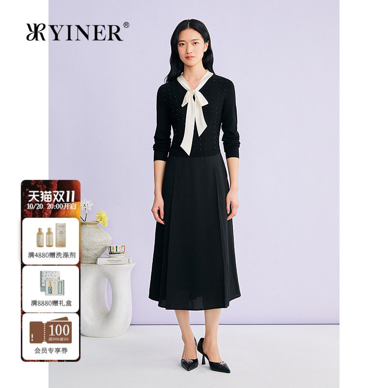 YINER音儿专选2026新款优雅蝴蝶结美丽诺羊毛混纺针织拼接连