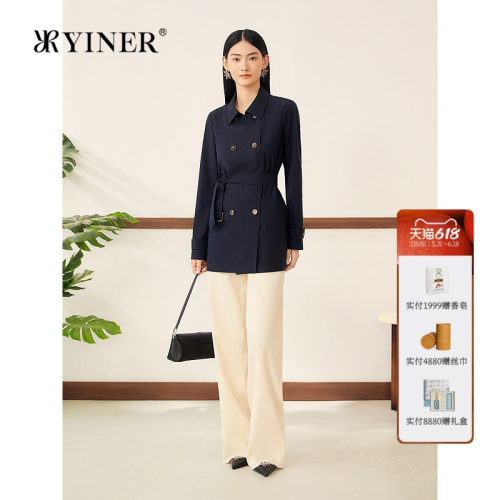 YINER音儿女装秋季漫游都市复古风经典H型翻领短款风衣外套