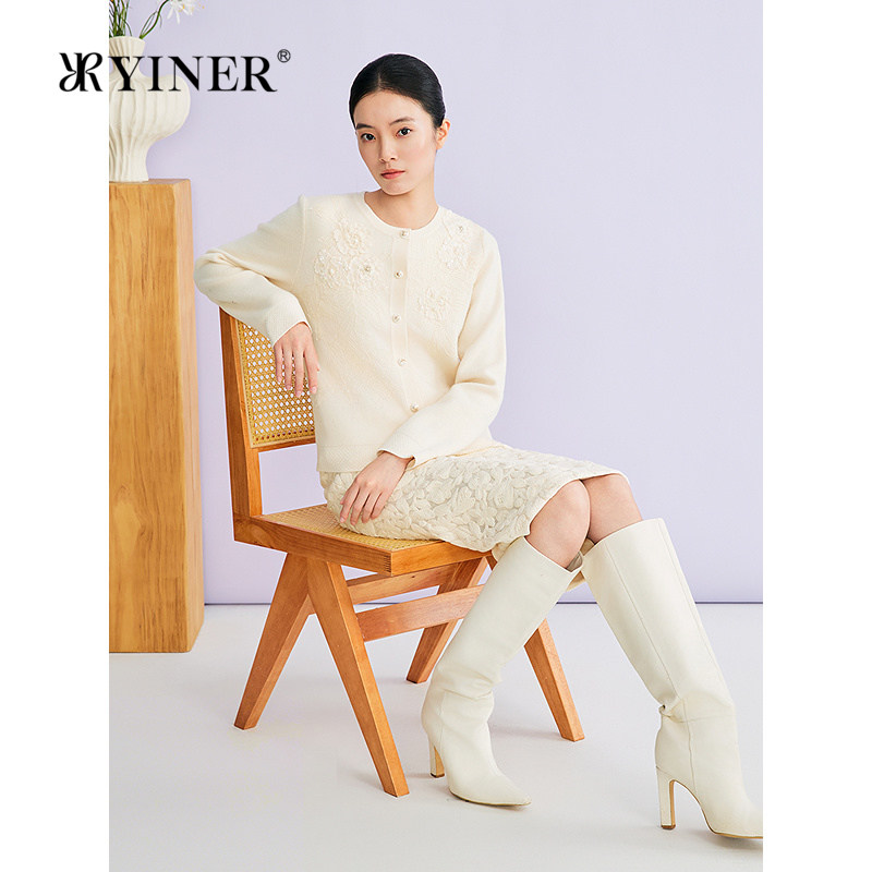 YINER音儿2026春季新款优雅蕾丝美丽诺羊毛羊绒混纺H型针织