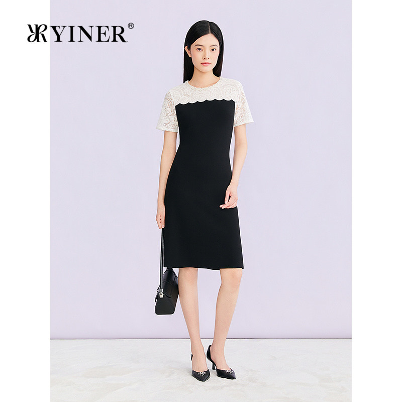YINER音儿专选2026夏季新款优雅重工钉珠圆领蕾丝针梭拼连衣裙