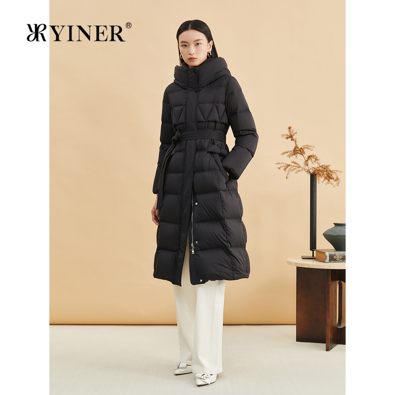 YINER音儿专选女装秋季法式长款高蓬松加厚保暖连帽白鹅绒羽绒服