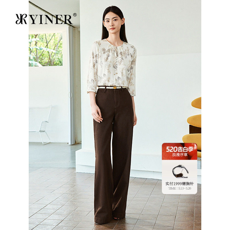 YINER音儿女装夏季优雅时尚印花系带半开领桑蚕丝衬衫上衣