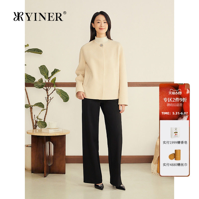 YINER音儿女装冬季法式百搭羊毛羊绒混纺蝙蝠袖双面呢短外套