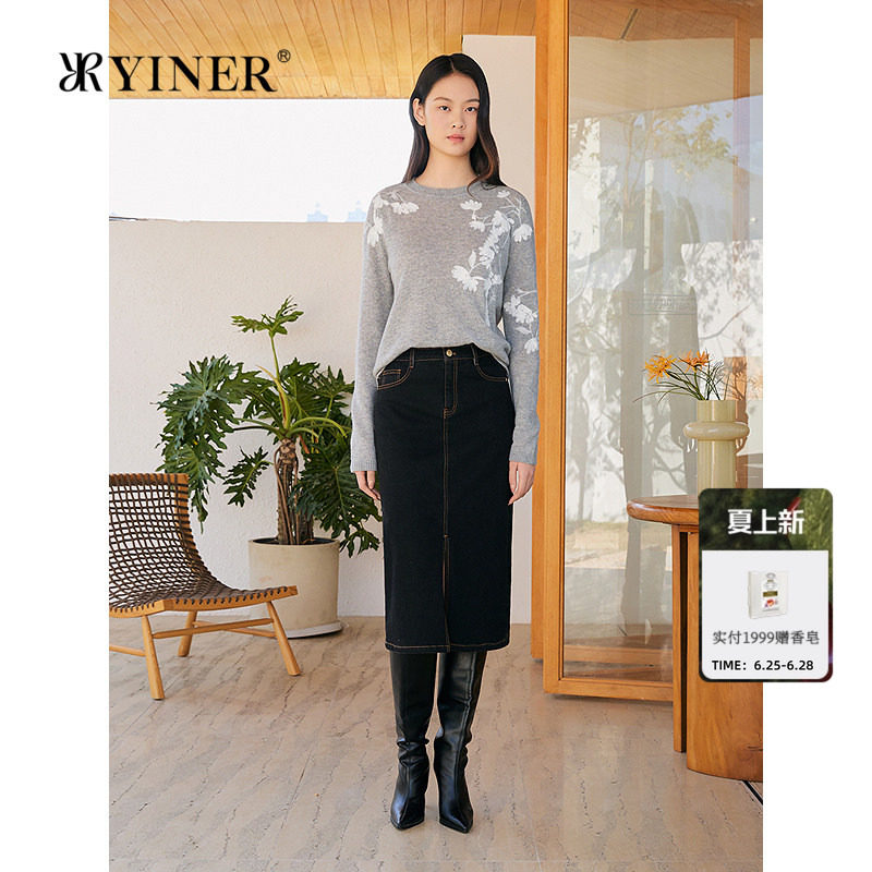 YINER音儿专选女装冬季法式优雅艺术绣花圆领针织衫套头