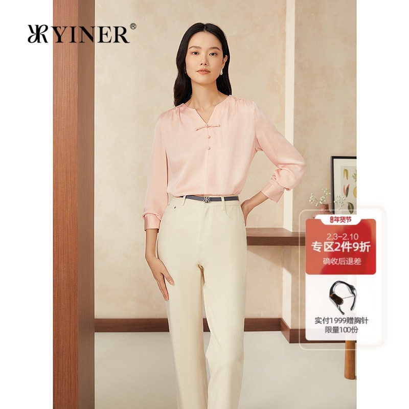 YINER音儿2025春季新款新中式盘扣半开领桑蚕丝真丝衬衫上衣