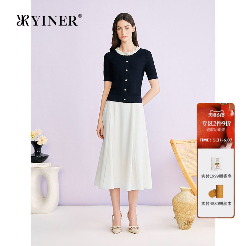 YINER音儿专选2026夏季新款优雅时尚撞色木耳花边拼接圆领针织衫