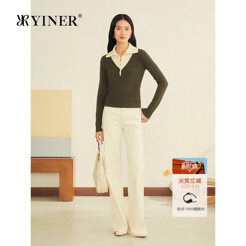 YINER音儿2025冬季新款撞色翻领假两件阿拉善羊绒羊毛混纺针