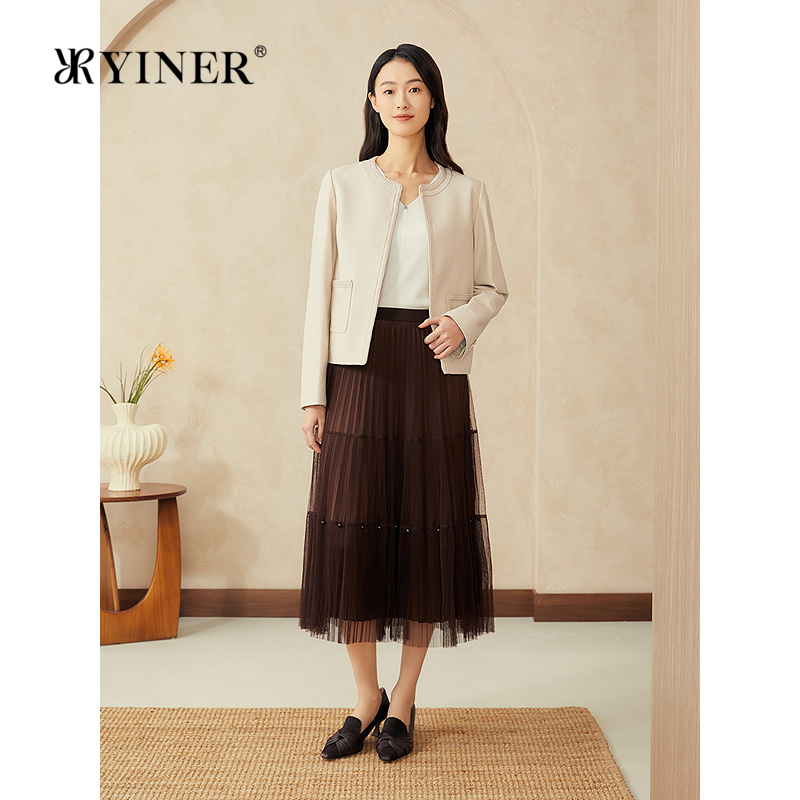 YINER音儿专选2025春季新款新中式短款圆领绵羊真皮皮衣夹克外套