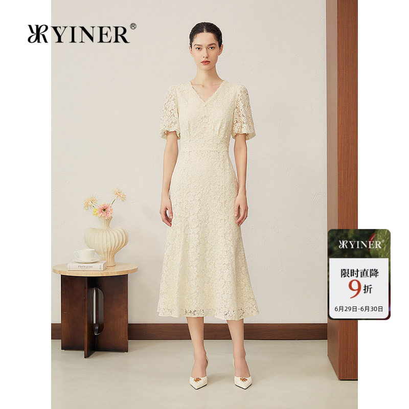 YINER音儿专选女装夏季法式烫金蕾丝鱼尾摆订婚礼服连衣裙