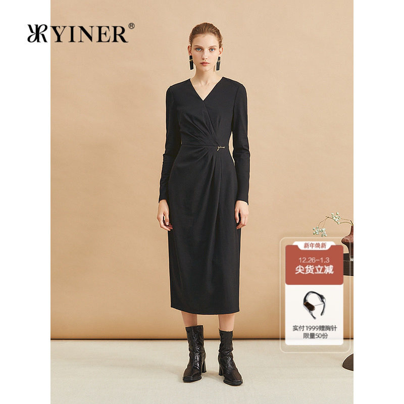 【美丽诺羊毛】YINER音儿冬季法式收褶收腰小黑裙连衣裙