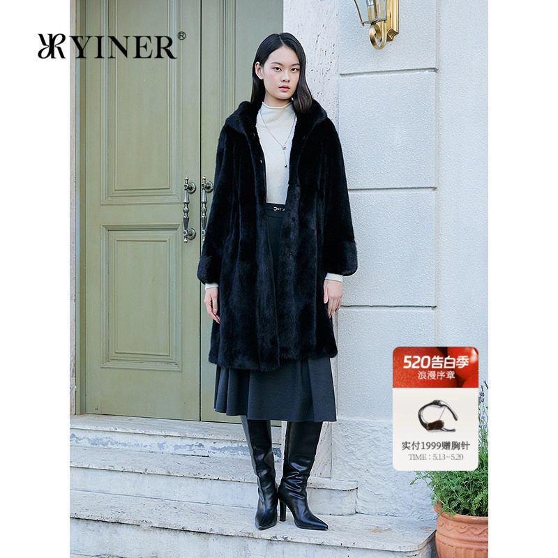 YINER音儿专选女装冬季奢感长款连帽整貂母貂水貂毛皮草外套