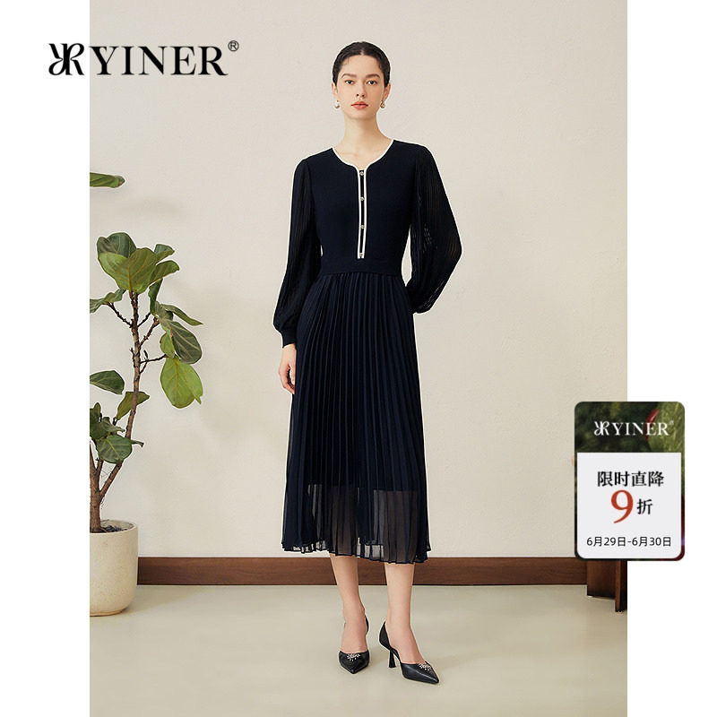 YINER音儿女装秋季法式优雅针织拼接雪纺百褶假两件连衣裙