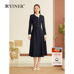 YINER音儿2025冬季 美利奴羊毛撞色缎面拼接交叠领收腰连衣裙 新款