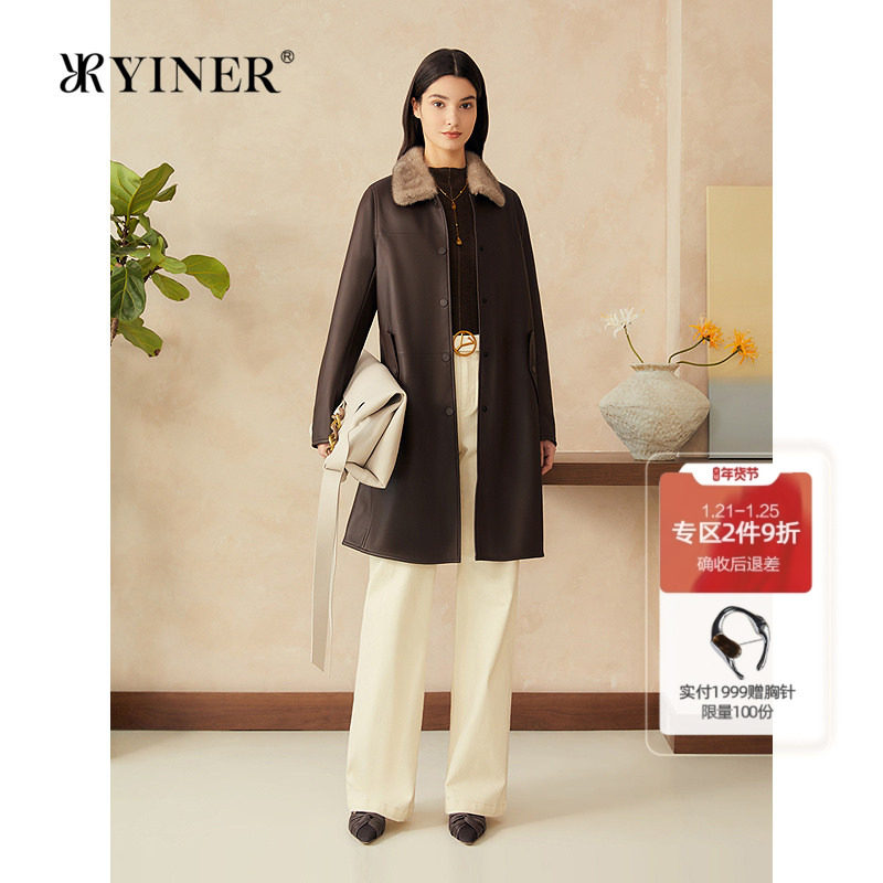 YINER音儿专选2025春季新款中长款水貂毛领绵羊真皮皮衣夹克