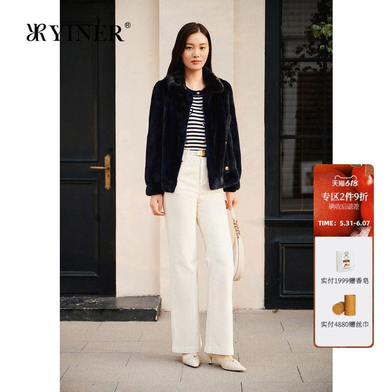 YINER音儿专选女装春季法式千金奢感短款翻领水貂毛皮草外套