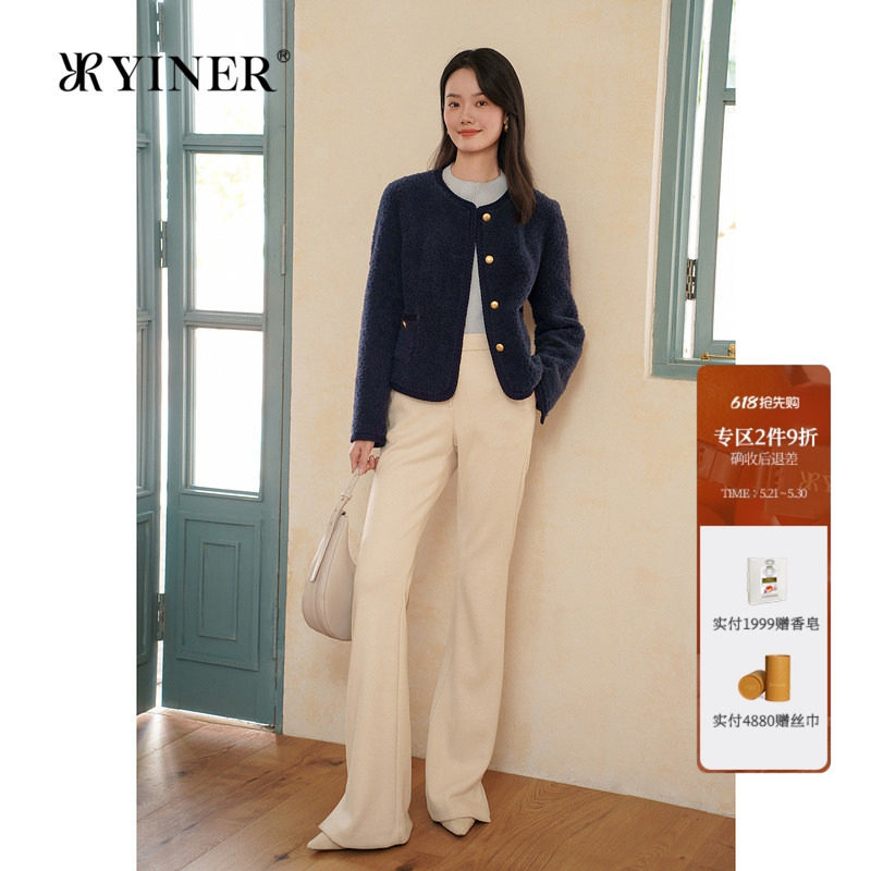 YINER音儿专选冬季法式短款圆领保暖环保羊毛皮草外套