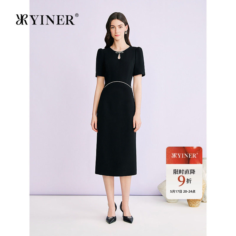 YINER音儿专选2026夏季新款时尚钉珠蝴蝶结装饰醋酸混纺连衣