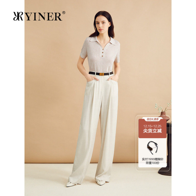 YINER音儿女装秋季法式镂空肌理蚕丝亚麻混纺海鸥领针织衫套头