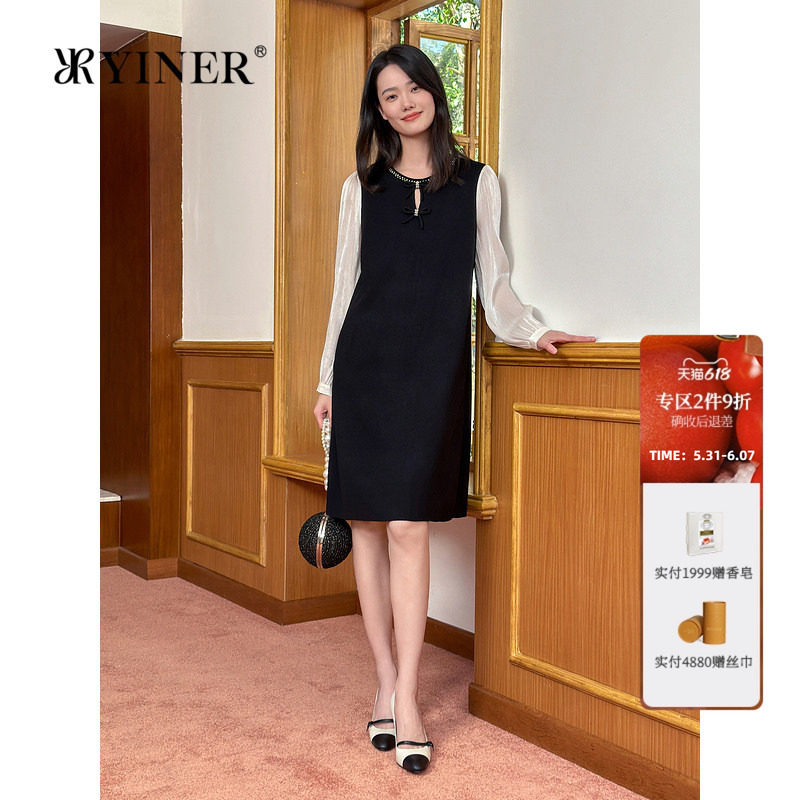 YINER音儿专选女装春季法式水滴领水光琉璃袖A字针织连衣裙