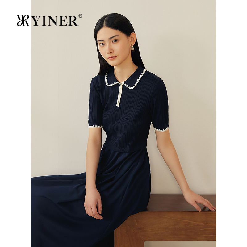 YINER音儿专选2025夏季新款法式花瓣翻领假两件贝壳绣连衣裙