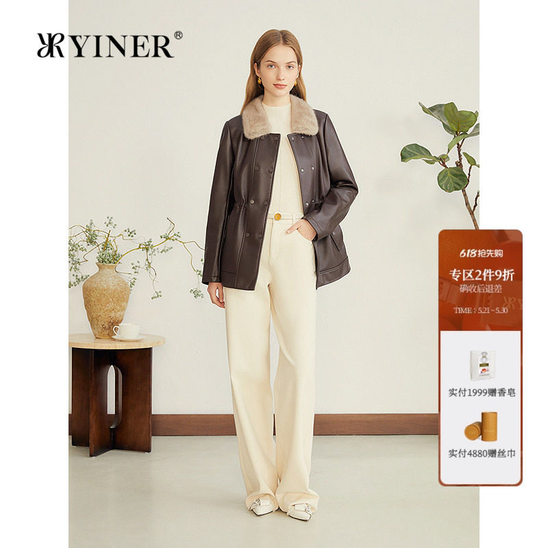 YINER音儿专选女装秋季复古巴恩风撞色水貂毛领绵羊真皮皮衣