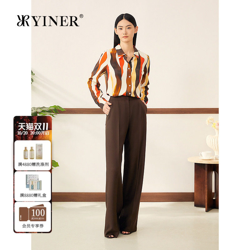 YINER音儿女装秋季法式艺术印花桑蚕丝弹力重绉摩登撞色衬衫上衣