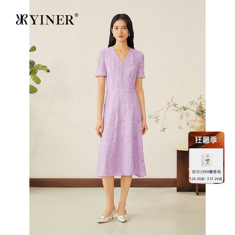 YINER音儿专选女装夏季法式V领蝶恋花蕾丝优雅雪纺压褶连衣裙