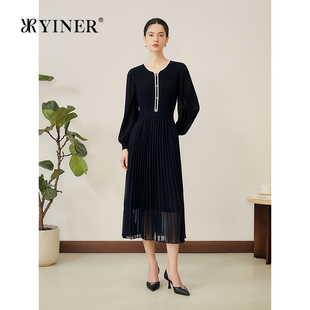 YINER音儿2025秋季 优雅针织拼接雪纺百褶假两件连衣裙 新款 法式