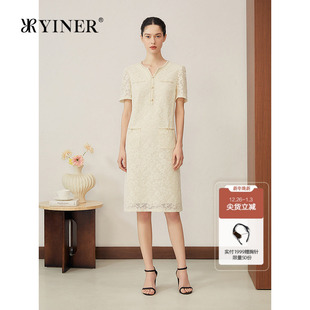 烫金立体蕾丝花朵优雅直身连衣裙 法式 YINER音儿专选2025夏季 新款