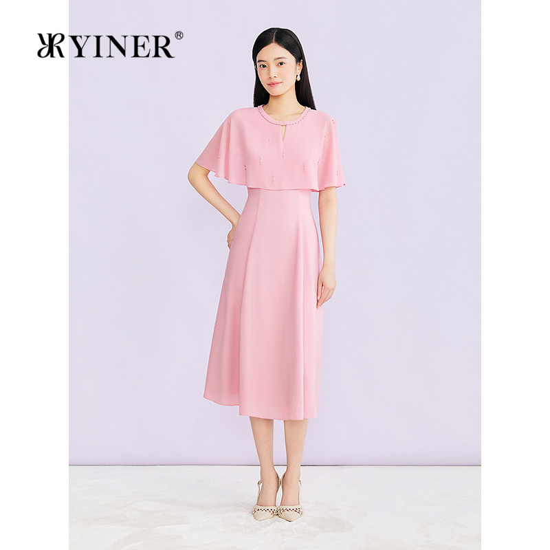 YINER音儿专选2026夏季新款钉珠圆领醋酸混纺披肩式假两件连衣裙