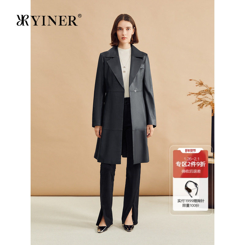 YINER音儿专选冬季长款系带收腰西装领绵羊真皮皮衣外套